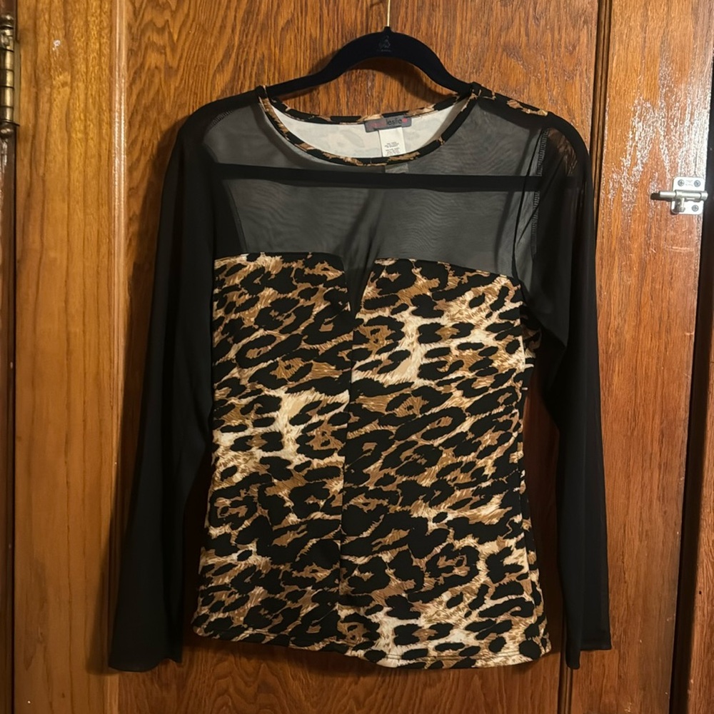 Leopard print/black mesh blouse.